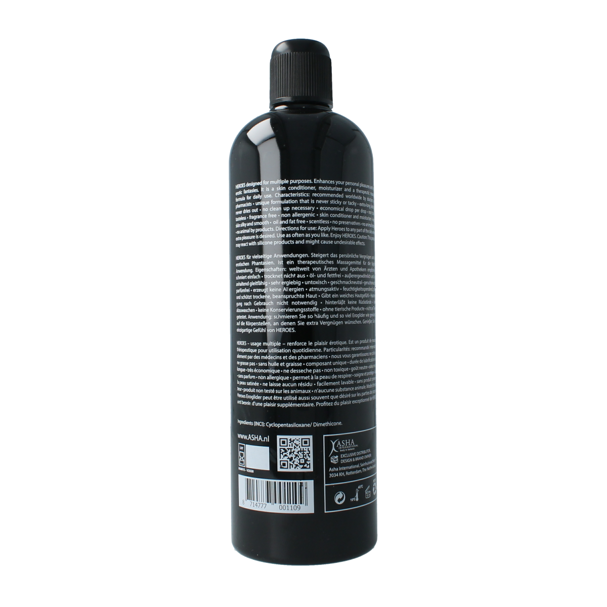 HEROES siliconen glijmiddel bottle, 500ml, with a sleek container and label, designed for smooth, comfortable use.