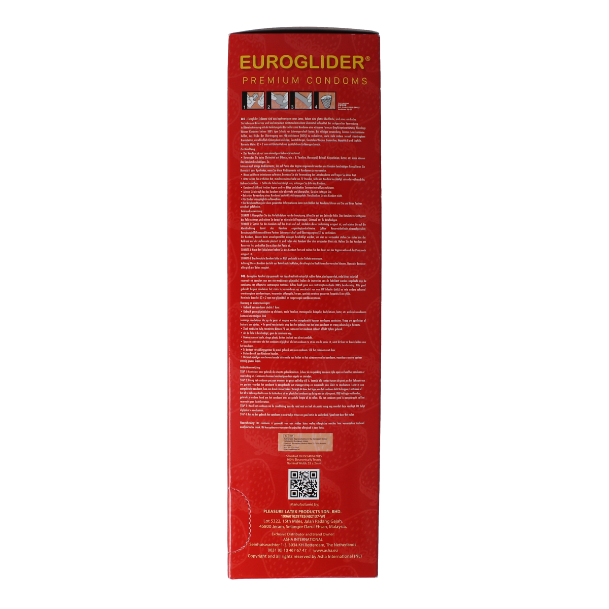 Asha brand strawberry-flavored condoms, 144 pack, featuring individually wrapped condoms with strawberry illustrations on the packaging.