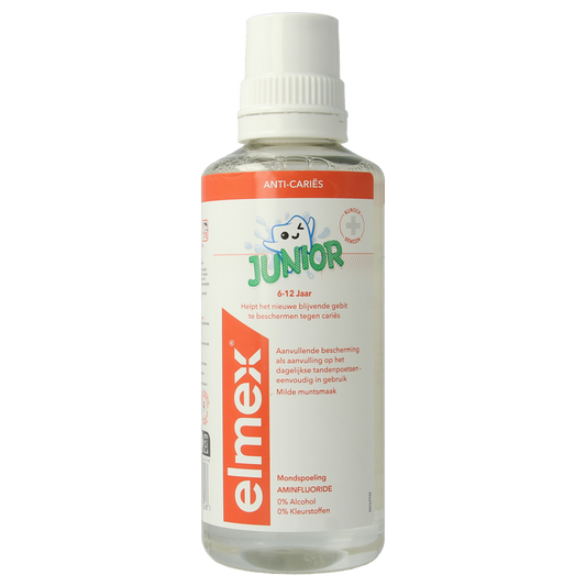 Elmex junior mouthwash bottle, 400ml, in a child-friendly container with colorful label, designed for kids' oral hygiene.
