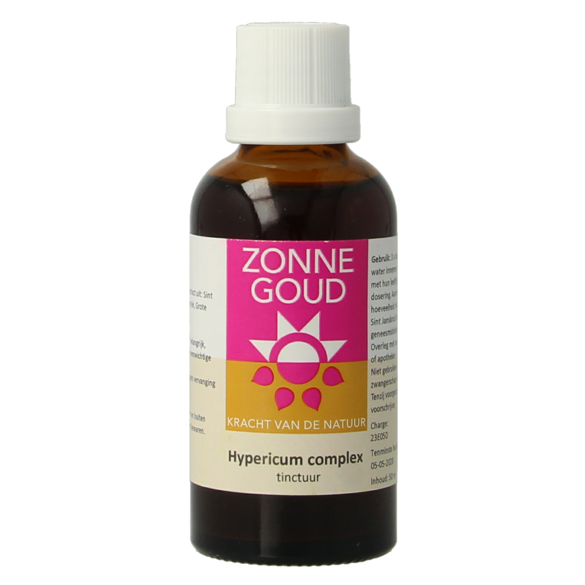 Zonnegoud Hypericum complex herbal supplement bottle from Kruidenpreparaten line, 50ml, with label and cap visible.