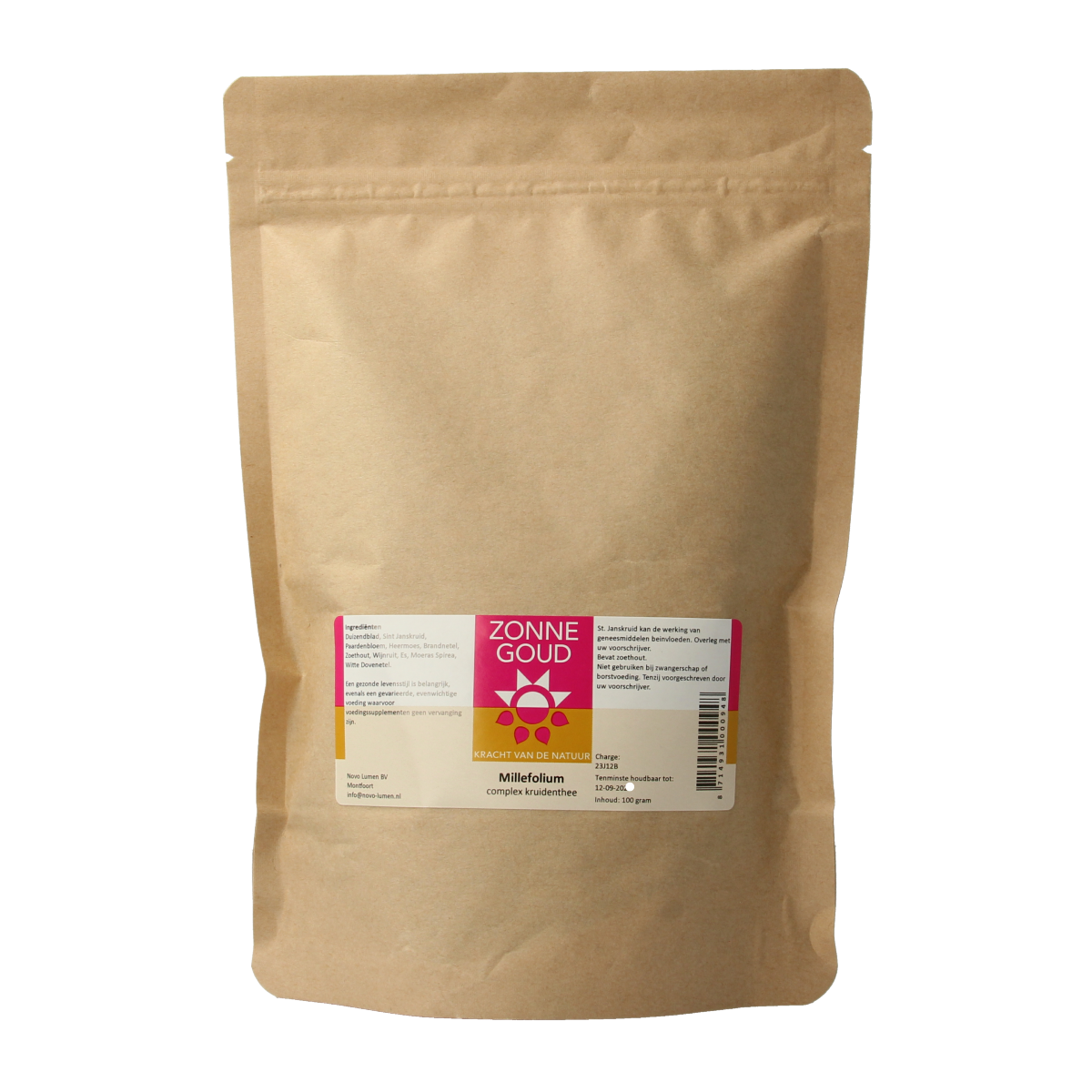 Zonnegoud Millefolium complex tea in a 100g package, featuring herbal tea leaves from the Koffie en Thee brand.
