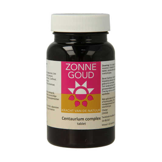 Zonnegoud Centaurium complex herbal supplement tablets in a bottle, natural herbal remedy by Zonnegoud.