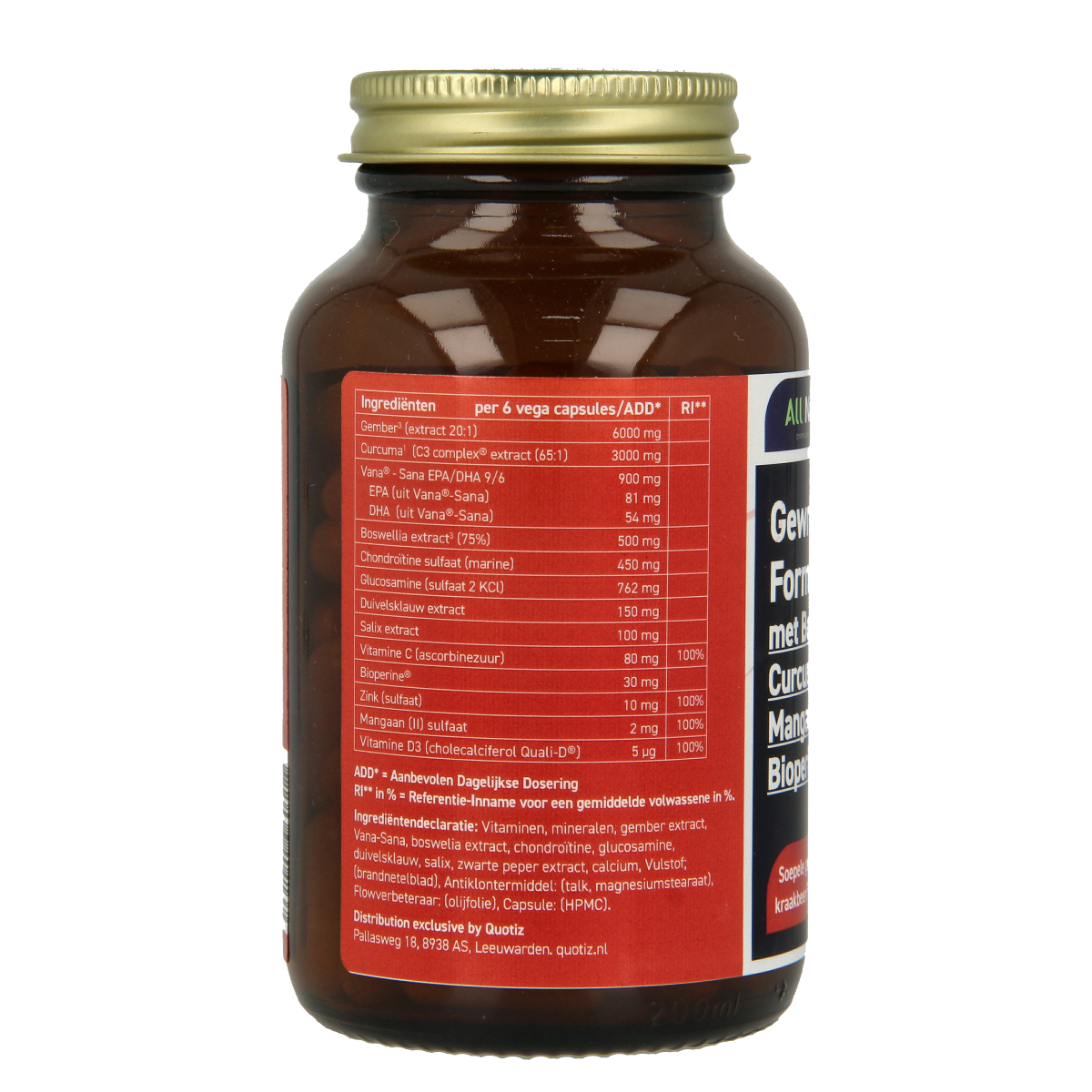 All Natural Gewrichten formule vegetarian capsules, herbal supplement in a clear bottle with label showing capsules and natural ingredients.