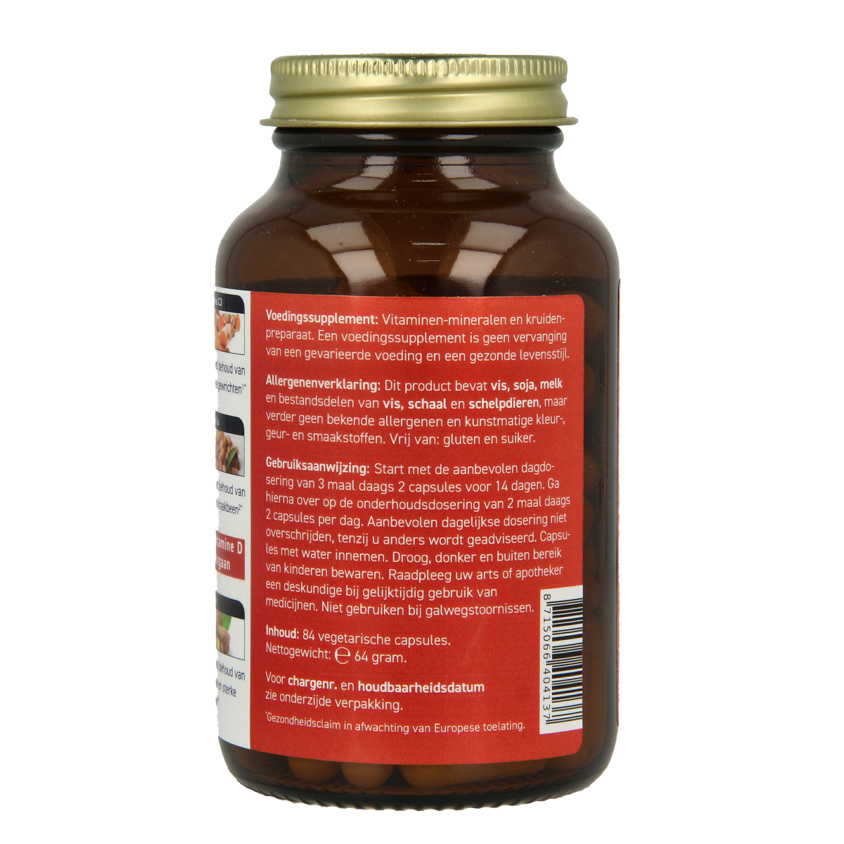 All Natural Gewrichten formule vegetarian capsules, herbal supplement in a clear bottle with green label and capsules inside.