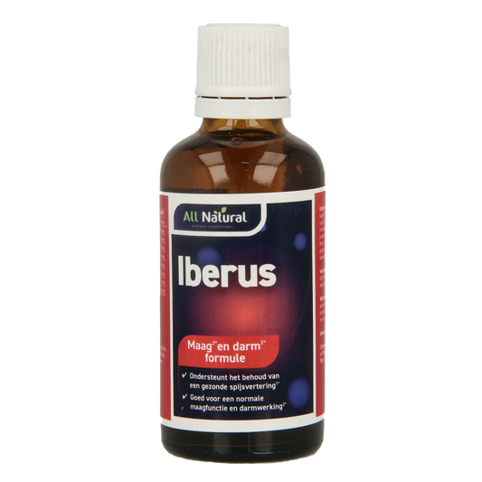 All Natural Iberus maag darm formule herbal supplement in a 50ml bottle, featuring natural ingredients for digestive support.