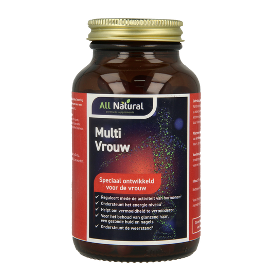 All Natural Multi vrouw vitamin capsules in a bottle, showing the colorful capsules of the multivitamin supplement.
