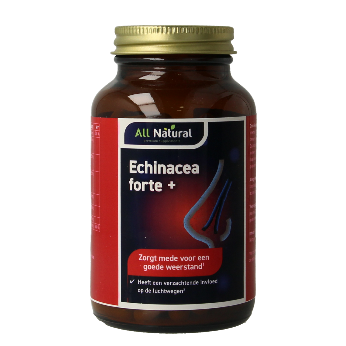 All Natural Echinacea Forte Plus Cats Claw vegetarian capsules, herbal supplement for immune support, in a white bottle.