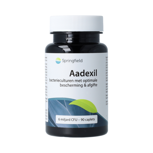 Springfield Aadexil 90 capsules of micro-organisms in a clear bottle, showing the label and capsules inside.