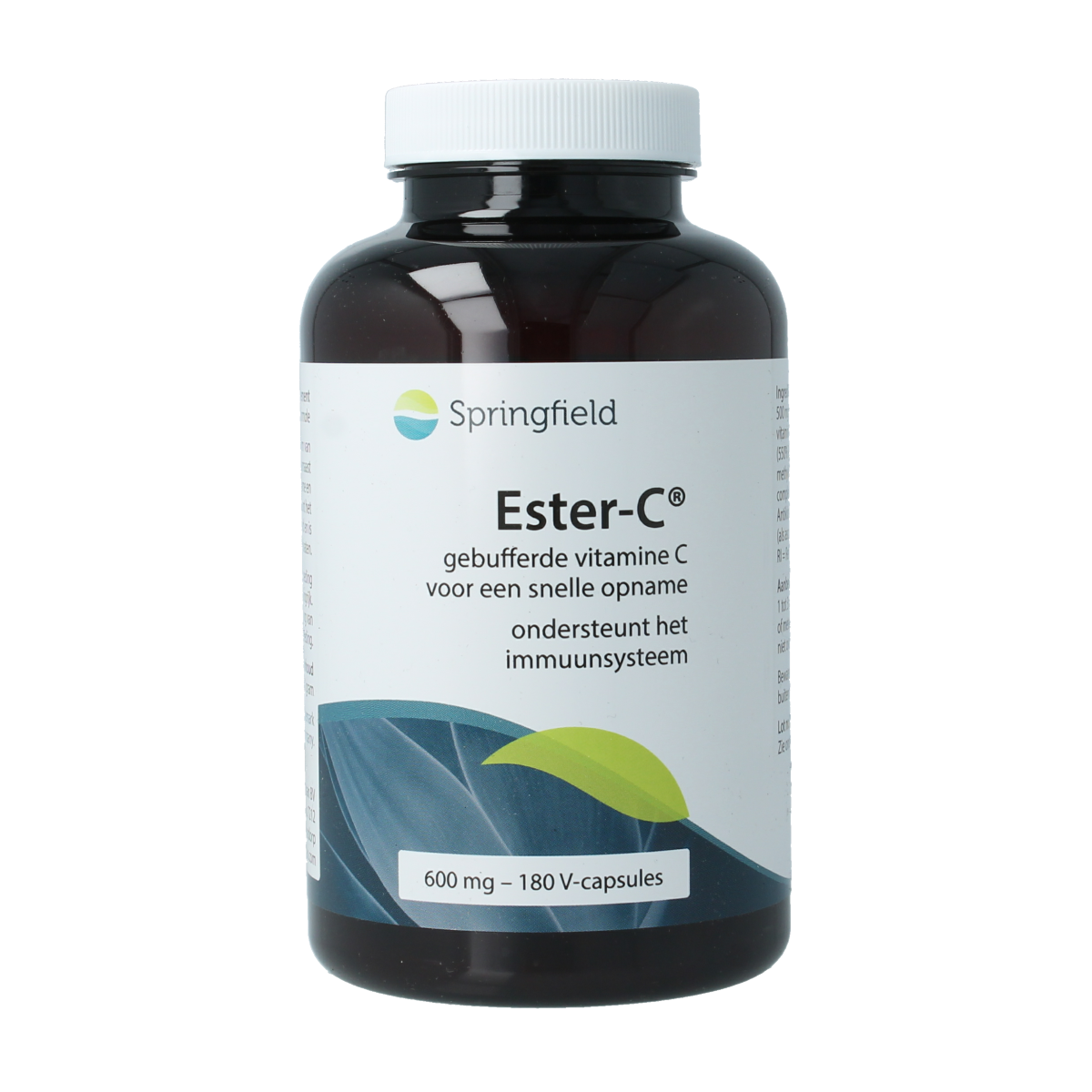 Springfield Ester-C buffered vitamin C vegetarian capsules, 180 count, shown in a clear bottle with capsules inside