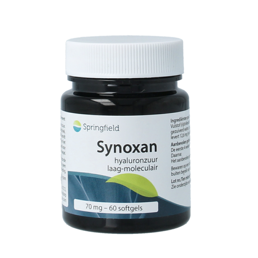 Springfield Synoxan hyaluronzuur low-moleculair 70 mg softgels, herbal supplement with hyaluronic acid for skin support.