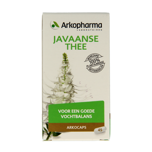 Arkocaps Javaanse thee capsules in a bottle, herbal supplement from Arkocaps, used as a herbal preparation for wellness.
