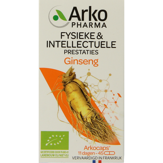 Arkocaps Ginseng bio capsules, herbal supplement in a clear bottle with 45 capsules, natural health product by Arkocaps