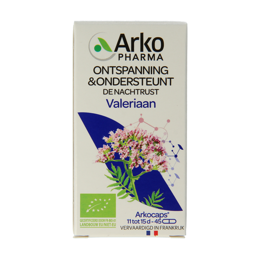 Arkocaps Valeriaan bio capsules, herbal supplement in a white bottle with green cap, showing the product label and capsules inside.