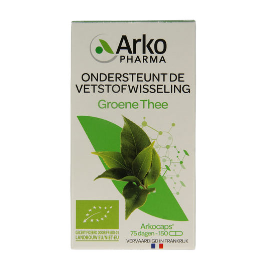 Arkocaps Groene thee bio vegetarian capsules, herbal supplement in green capsule form, natural and organic herbal product.