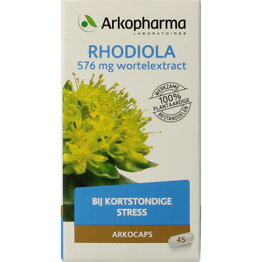 Arkocaps Rhodiola herbal capsules in a bottle, showcasing the supplement's packaging and product branding.