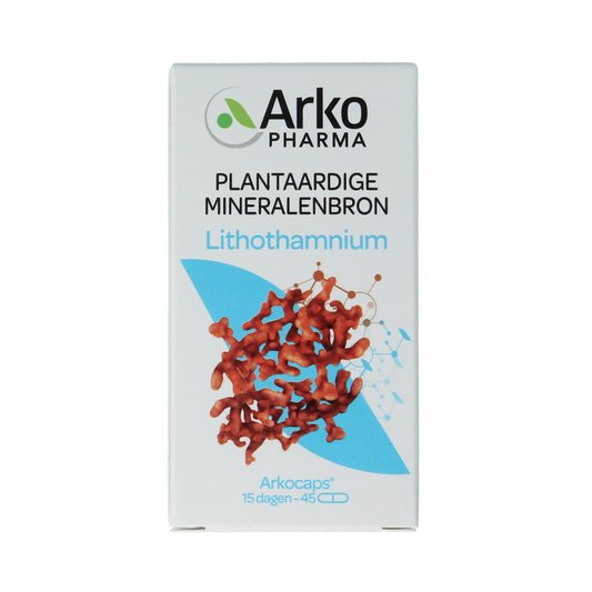 Arkocaps Lithothamnium herbal capsules in a white bottle, showcasing the supplement for mineral and herbal health support.