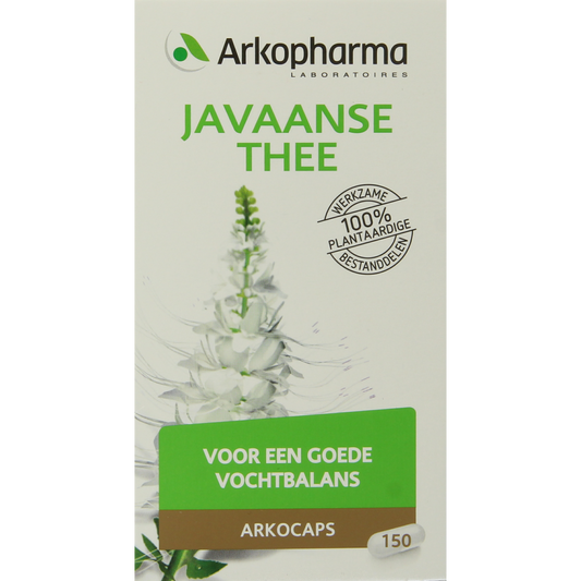 Arkocaps Javaanse thee capsules, herbal supplement, showing a bottle of 150 capsules for natural wellness.