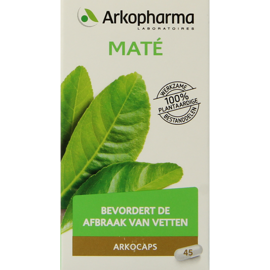 Arkocaps Mate herbal capsules in a clear bottle with a white label displaying the Arkocaps logo and product information.