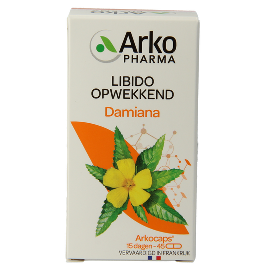 Arkocaps Damiana herbal capsules in a blister pack, natural plant supplement from Arkocaps for wellness and herbal support.