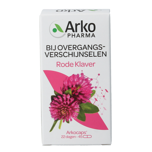 Arkocaps Rode klaver capsules, herbal supplement in a white bottle with green label, showing capsules inside.
