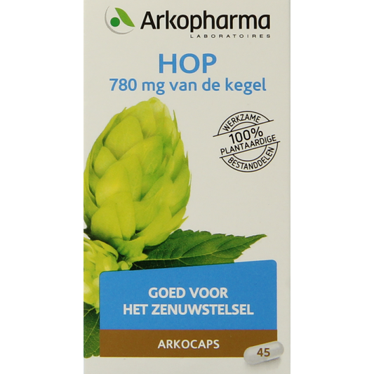 Arkocaps Hop herbal supplement capsules, natural Kruidenpreparaten by Arkocaps, with 45 capsules for herbal health support.