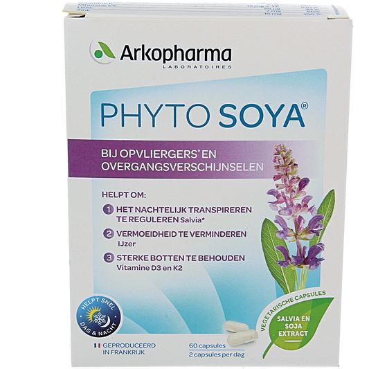 Bottle of Phyto Soya Meno Expert capsules with 60 capsules, herbal supplement for menopausal support from Phyto Soya.