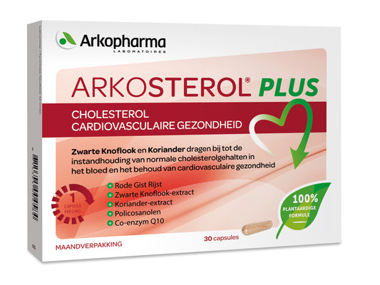 Arkosterol Akosterol plus herbal supplement capsules in a bottle, shown in a natural setting with product label visible.