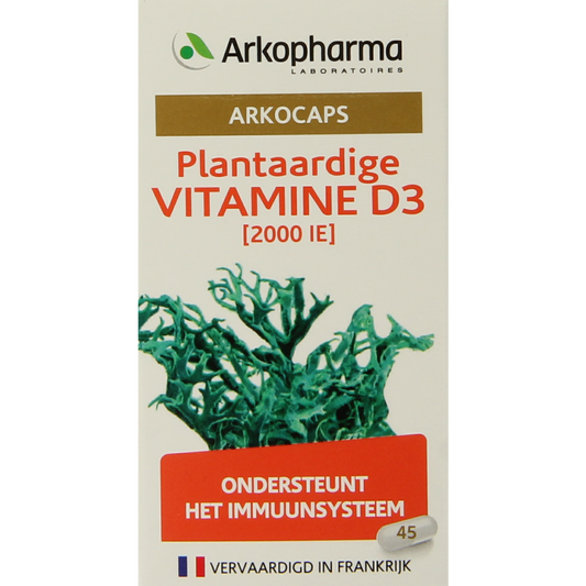 Arkocaps vegan Vitamin D3 2000IU capsules, 45 count, showing the bottle and capsules inside, natural and health-focused presentation.