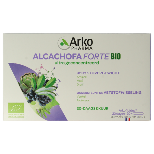 Arkofluids Alcachofa Forte bio herbal supplement in 20 ampoules, featuring fresh artichoke extract for natural wellness.