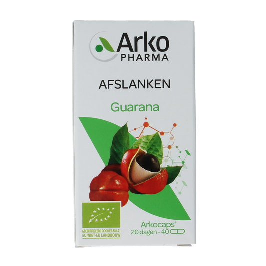 Arkocaps Guarana bio capsules in a clear bottle, showing green and white label with capsules inside.