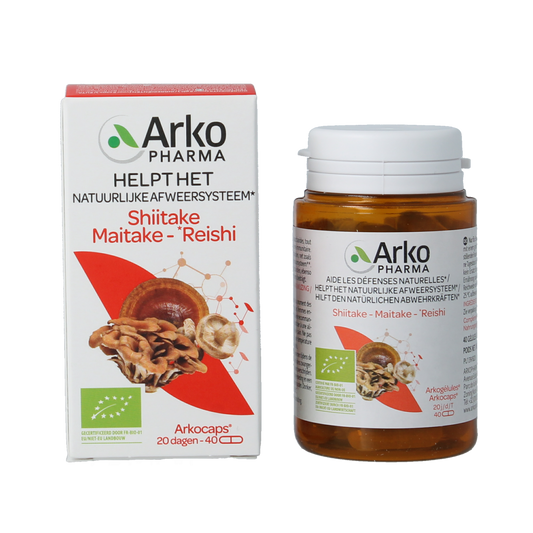 Arkocaps Reishi, Shiitake, Maitake organic mushroom capsules in a bottle, herbal supplement by Arkocaps.