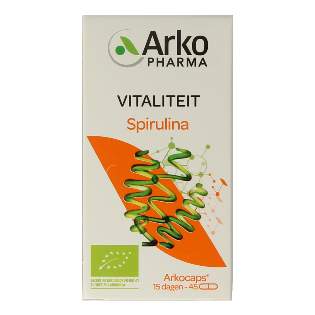 Arkocaps Spirulina bio capsules, organic herbal supplement in a clear bottle with a white cap, showing green capsules inside.
