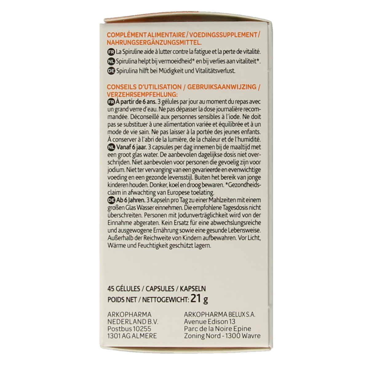 Arkocaps Spirulina bio capsules, natural herbal supplement in a clear bottle, showcasing the green capsules inside.