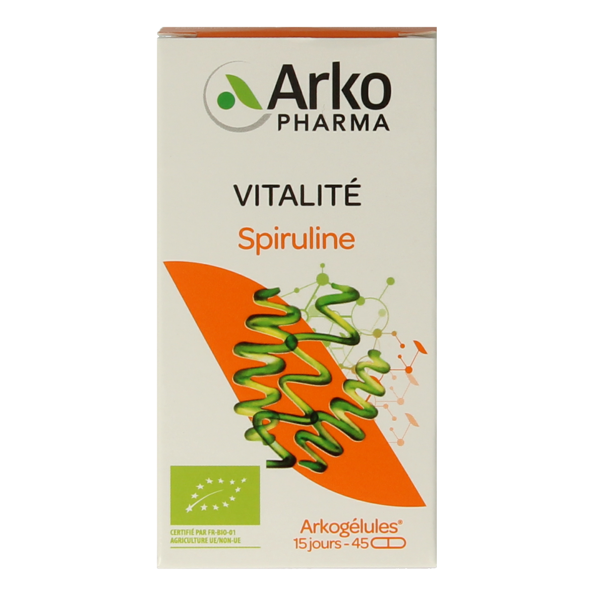 Arkocaps Spirulina bio capsules in a bottle, natural herbal supplement, eco-friendly packaging, dietary health product.