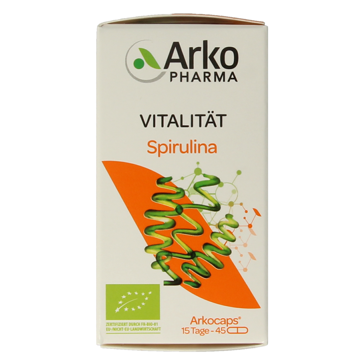 Arkocaps Spirulina bio capsules, natural dietary supplement in a clear bottle with green label, showcasing 45 capsules.