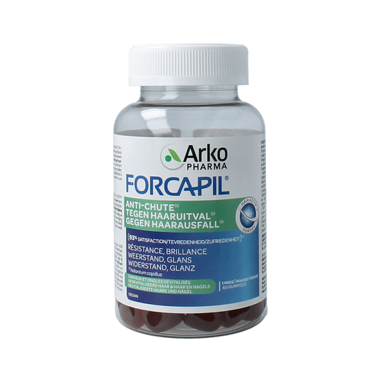 Forcapil Tegen Haaruitval Gummies, vitamin multi supplement for hair health, showing a bottle of 60 gummies on the label.