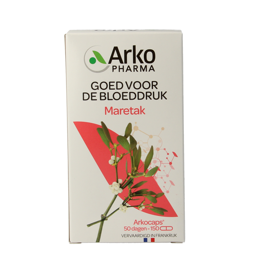 Arkocaps Maretak herbal capsules in a clear bottle, showing the label with 150 capsules for herbal supplement use.