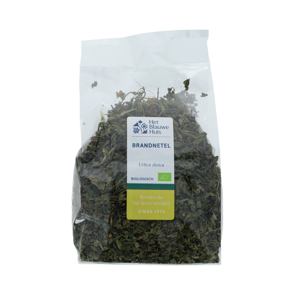 Loose nettle tea from Het Blauwe Huis, 50 grams, shown in a clear container with fresh green tea leaves.