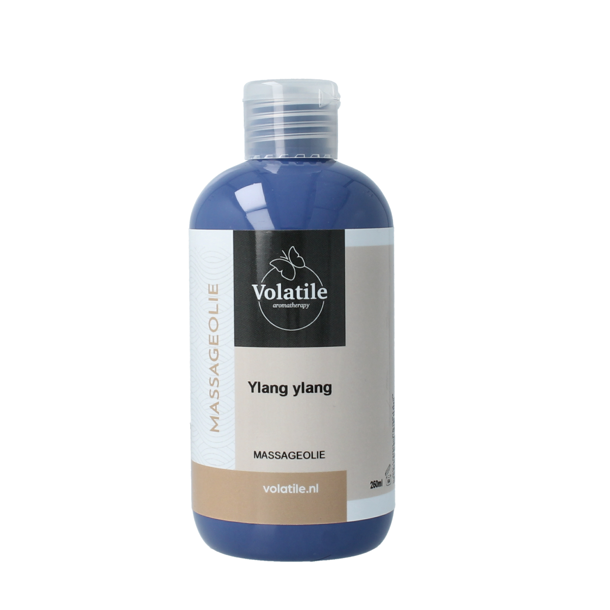Volatile Ylang Ylang massage oil bottle, 250ml, for body care, with a sleek label and clear cap, suitable for relaxing massages.