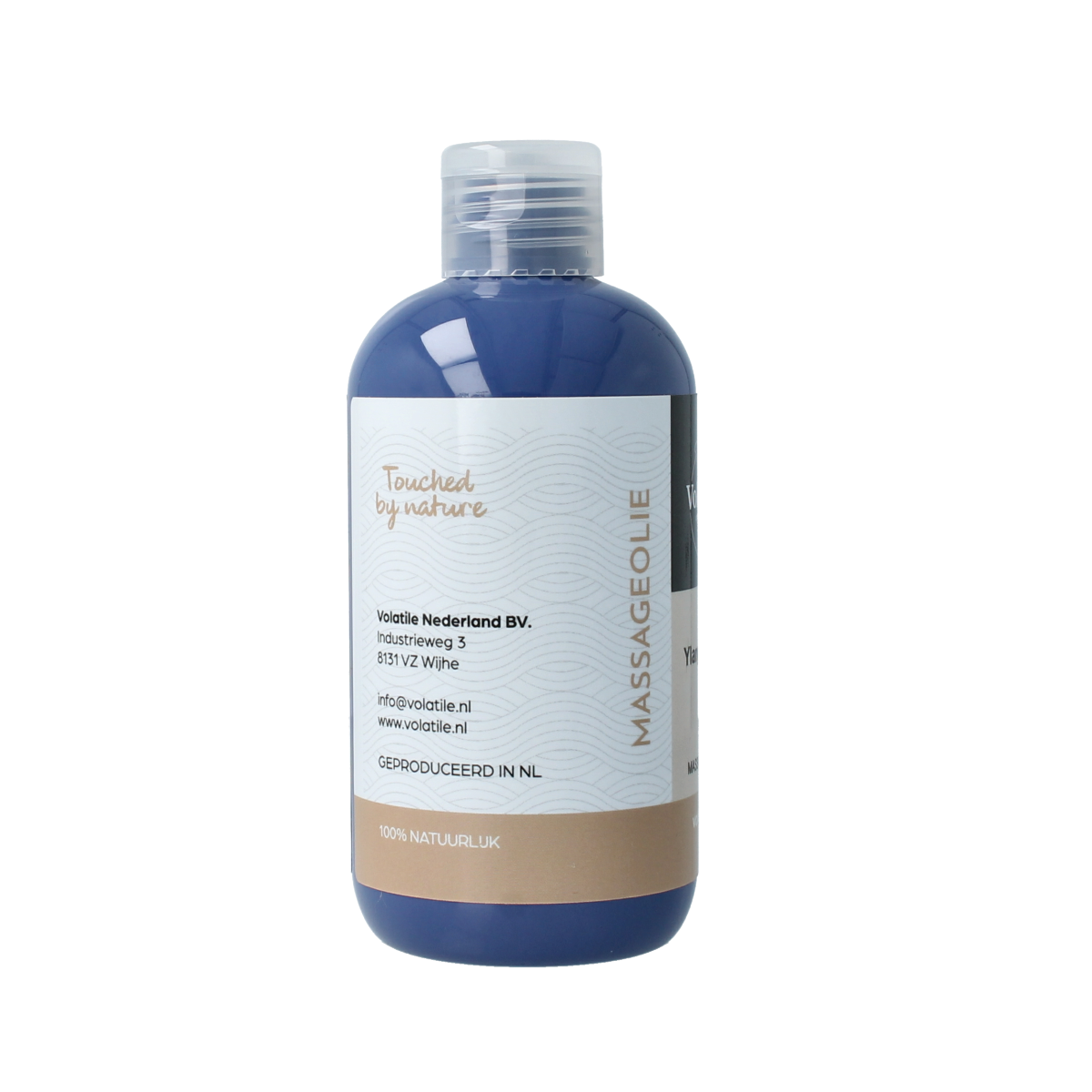 Volatile Ylang Ylang massage oil 250ml bottle, natural body care product with floral scent, in clear container with label