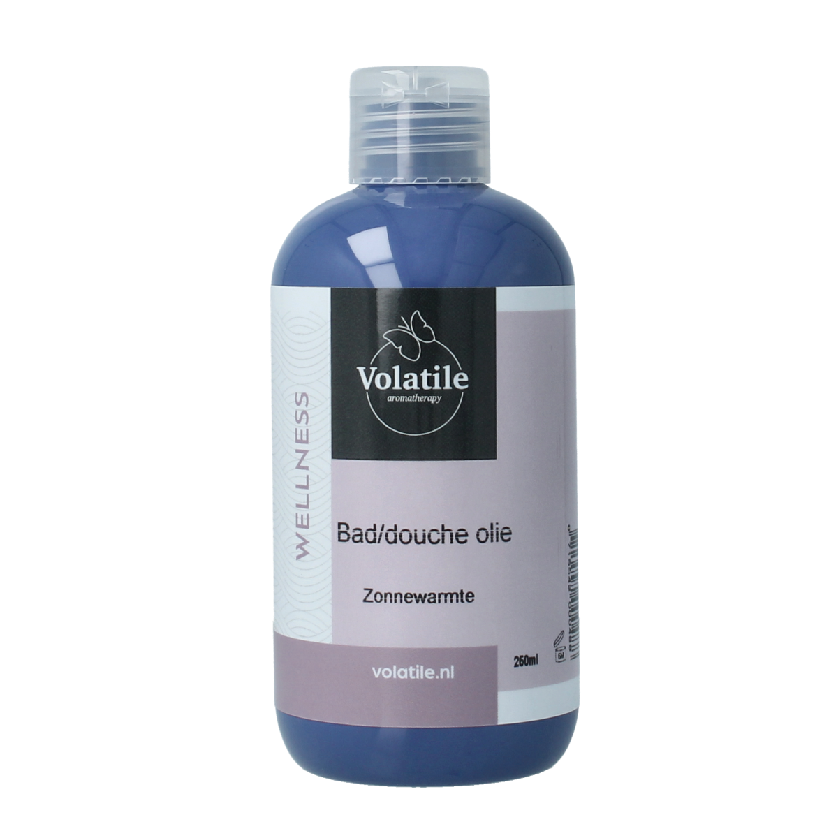 Volatile Badolie zonnewarmte 250ml for bath and shower, showing the bottle with a minimalist label and a warm, inviting design.