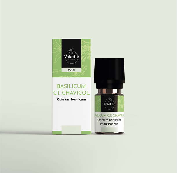 Volatile Basilicum essential oil bottle, 5ml, in clear glass with label, from Volatile, used for aromatherapy and natural remedies.