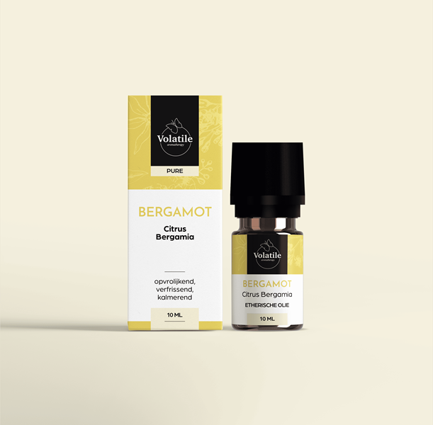 Volatile Bergamot Italy essential oil bottle, 10ml, featuring amber glass and label with product details.
