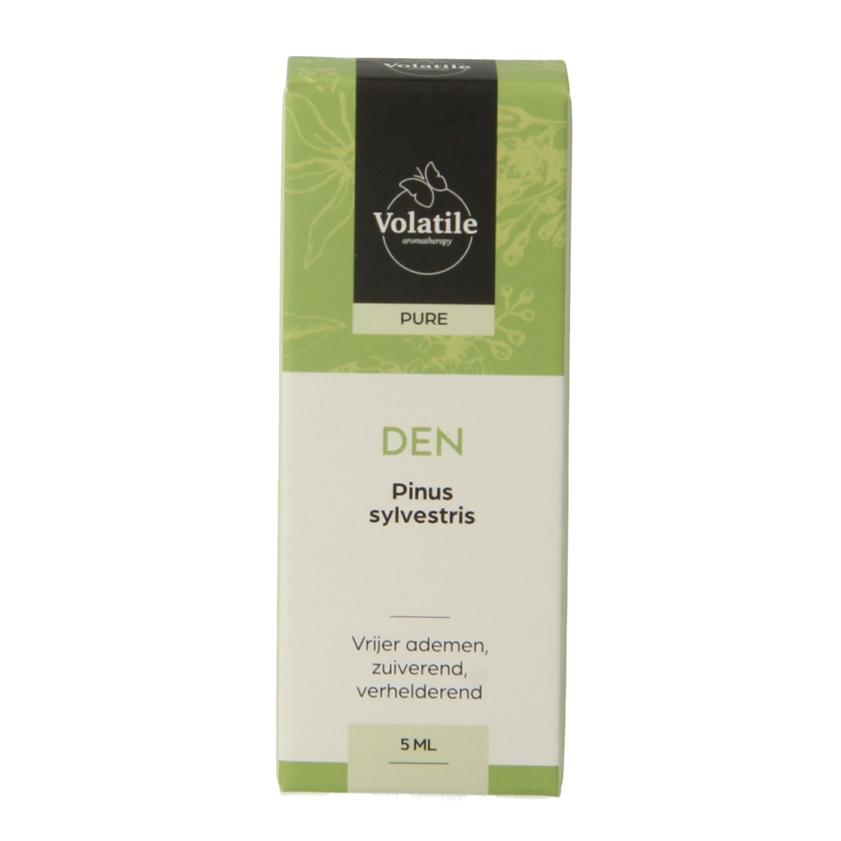 Volatile Den pinus sylvestrus essential oil in a 5ml bottle, natural pine scent, for aromatherapy and wellness.