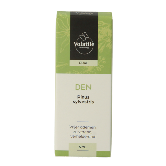 Volatile Den pinus sylvestrus essential oil in a 5ml bottle, natural pine scent, for aromatherapy and wellness.