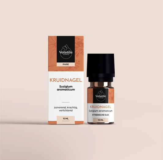 Volatile Kruidnagel essential oil bottle, 10ml, with amber glass and label showing product details.