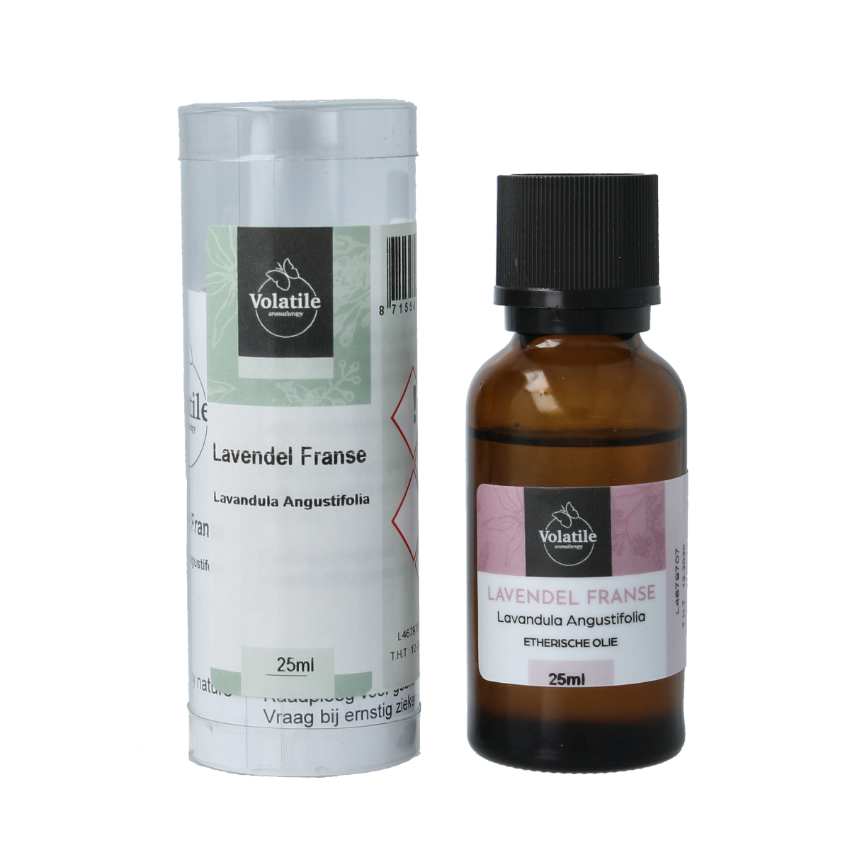 Volatile Lavendel essential oil bottle, 25ml, in clear glass with label, showcasing the Volatile brand and lavender scent.