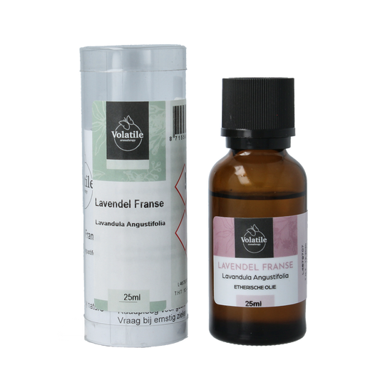 Volatile Lavendel essential oil bottle, 25ml, in clear glass with label, showcasing the Volatile brand and lavender scent.