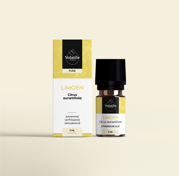 Volatile Limoen limette essential oil bottle, 5ml, with a green label and clear glass container.