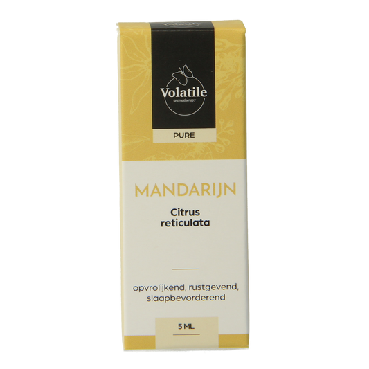 Volatile Mandarijn etherische olie in 5ml bottle, with fresh mandarin citrus fruit and botanical elements in the background.